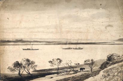 EVEREMONT DE BERARD (ACTIF AU XIXe SIÈCLE) Barges sailing up the Seine
Around 1850
Ink...