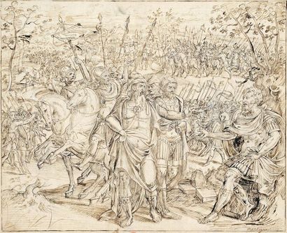 ATTRIBUÉ À GIULIO CLOVIO (BRIZANE, CROATIE, 1498 - ROME, 1578) Scène militaire historique
Plume...