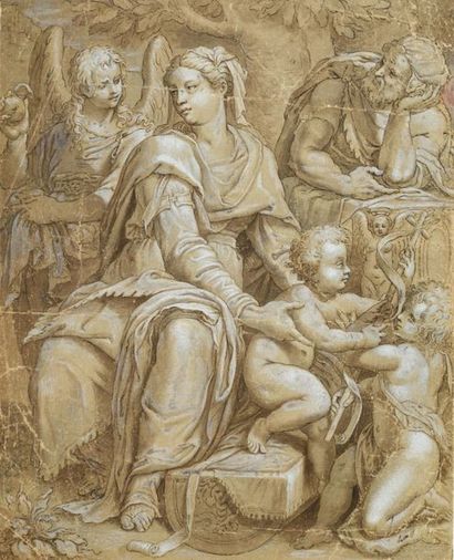 ATTRIBUÉ À ORAZIO SAMACCHINI (BOLOGNE, 1532 - 1577) Sainte Famille avec ange
Plume...