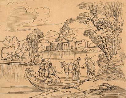 ATTRIBUÉ À MICHEL CORNEILLE LE JEUNE (PARIS, 1642 - 1708) Holy Family in boat
Pen...