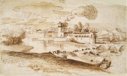 ATTRIBUÉ À GIOVANNI FRANCESCO GRIMALDI (BOLOGNE, 1606 - ROME, 1680) Fortress in a...