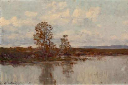 SERGE NICOLAEVITCH SALTANOV (1870/1917) 
Paysage de rivière
Huile sur carton
Signée...