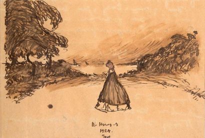 PIERRE ALEXANDREVITCH NILUS (1869 - 1963) 
Femme contemplant un paysage lacustre
Encre...