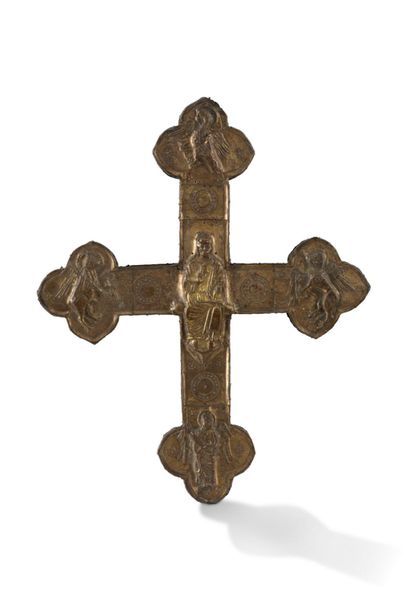 null PROCESSIONAL CROSS with wooden core covered with embossed and gilded copper...