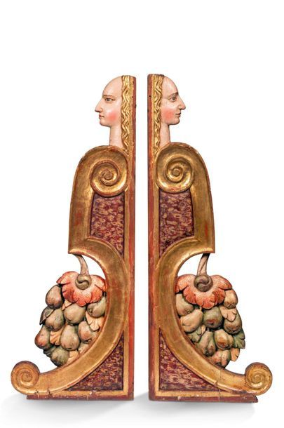 Pair of decorative elements in gilded moulded...