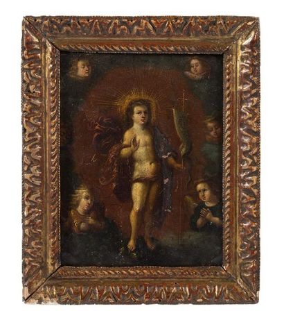 FRANCE, VERS 1630 
Saint Jean-Baptiste nimbé enfant entouré d'anges
Huile sur cuivre,...