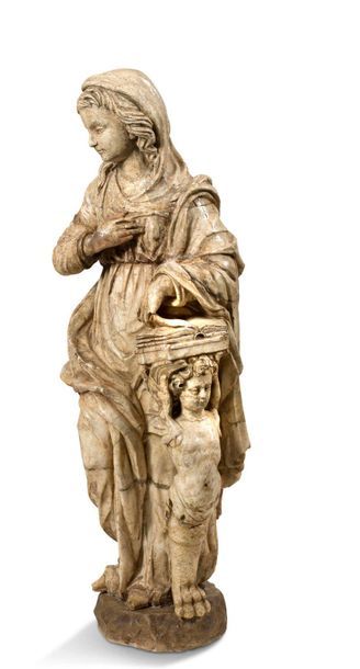 null ANNOUNCEMENT VIRGIN in carved alabaster. Standing, tilting her head slightly,...