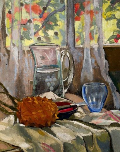 Alix AYMÉ (1894-1989) Nu assis à l’éventail, dans l’atelier de l’artiste à Hanoï,...