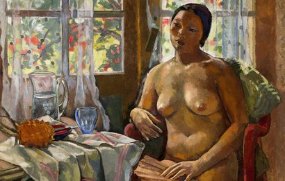 Alix AYMÉ (1894-1989) Nu assis à l’éventail, dans l’atelier de l’artiste à Hanoï,...