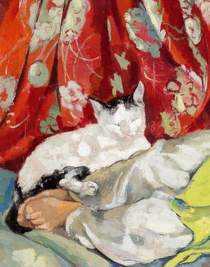 Alix AYMÉ (1894-1989) Enfant endormi avec le chat, Hanoï, circa 1935 Tempera sur...
