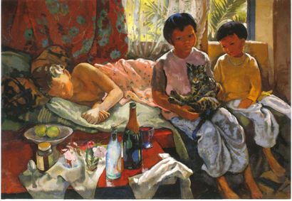 Alix AYMÉ (1894-1989) Enfant endormi avec le chat, Hanoï, circa 1935
Tempera sur...