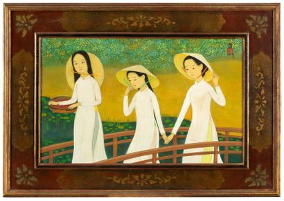 MAI trung THU (1906-1980) Young girls with hats, 1978 Ink and colours on silk, signed...