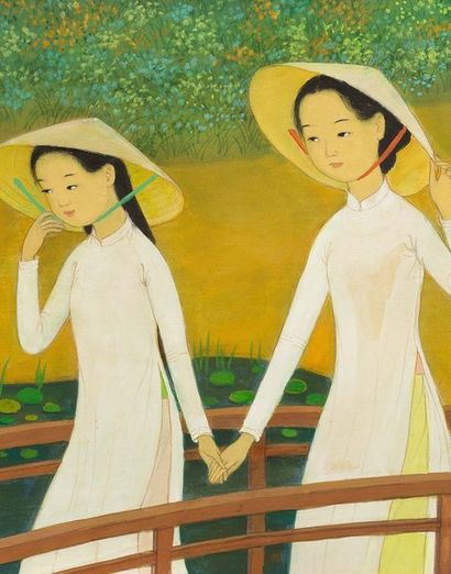 MAI trung THU (1906-1980) Young girls with hats, 1978 Ink and colours on silk, signed...