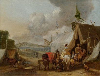 PHILIPS WOUWERMAN (HAARLEM, 1619-1668) Scène de campement
Panneau, deux planches,...