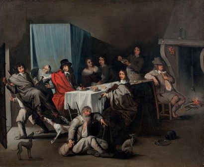 ECOLE DE PARIS VERS 1645, ENTOURAGE DES FRERES LE NAIN Bambochade or Dinner
Oil on...