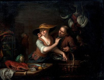 ATTRIBUÉ À CAREL DE MOOR (LEYDE, 1655 - WARMOND, 1738) Le marchand de volailles amoureux
Panneau...