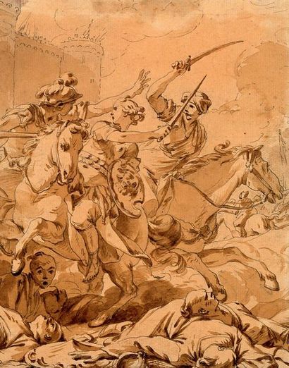JEAN-BAPTISTE MARIE PIERRE (PARIS, 1714 - 1789) Combat d'amazones au pied d'une forteresse
Craie...