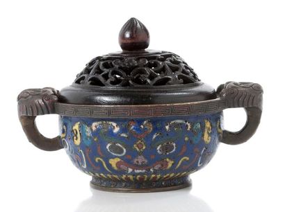 CHINE Perfume burner in bronze and polychrome cloisonné enamels on a blue background,...