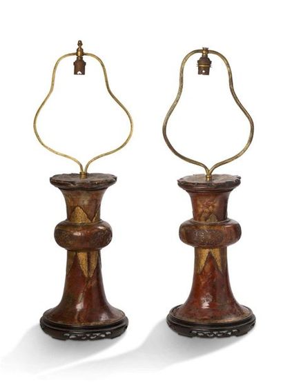CHINE Pair of bases in three parts, mounted as a lamp, in red and brown soapstone,...