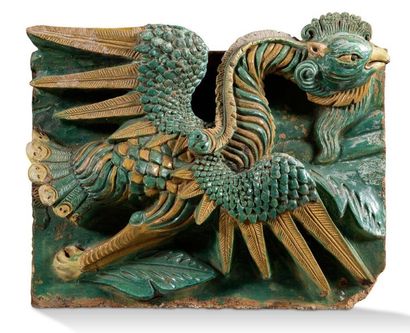 CHINE Architectural element in yellow and green glazed sandstone, representing a...