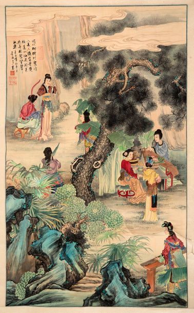 CHINE Vertical roll, ink and colours on paper, representing an animated scene of...