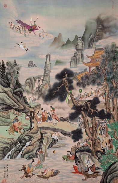 CHINE Vertical roll, ink and colours on paper, representing an animated scene of...