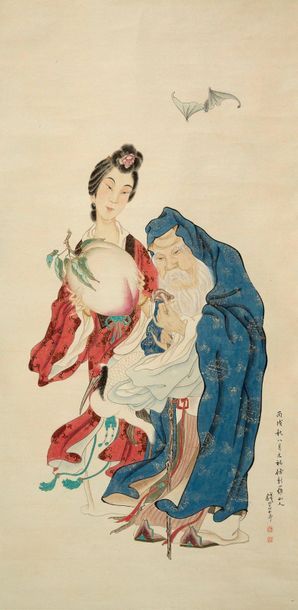 CHINE Ink painting and polychromy on roll paper representing a deity holding the...