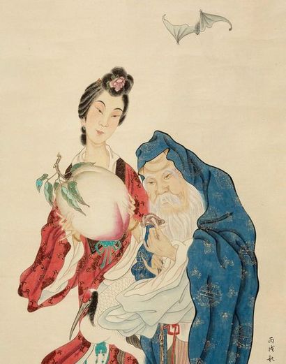 CHINE Ink painting and polychromy on roll paper representing a deity holding the...