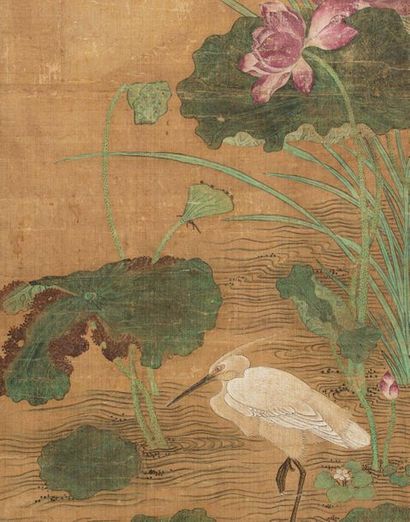 CHINE Large colour painting on silk, representing a white heron standing in the water,...