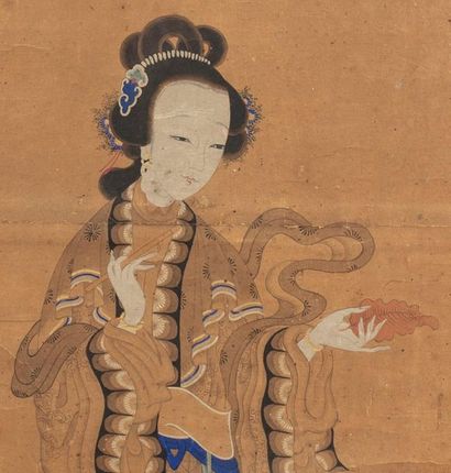CHINE Vertical painting with ink and colors on paper representing the goddess of...