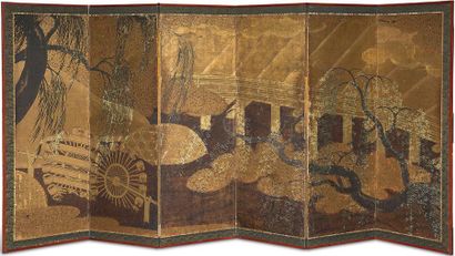 JAPON Byobu screen with six leaves, in polychrome with gold and bronze dominance,...