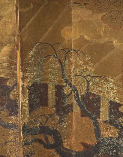 JAPON Paravent Byobu à six feuilles, en polychromie à dominante or et bronze, figurant...