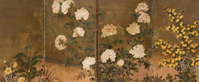JAPON Small four-leaf screen in the Rimpa style, painted in colour on paper with...