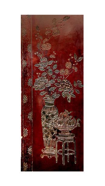 CHINE Eight-leaf screen in Coromandel lacquer, the main decoration representing a...