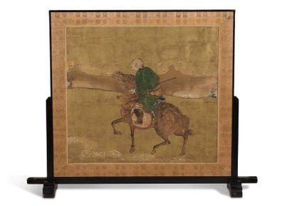 JAPON Double-sided screen with ink and gouache decoration on paper with gold leaf...