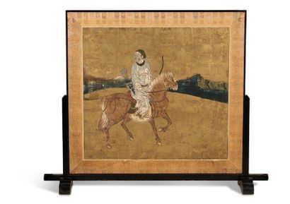 JAPON Double-sided screen with ink and gouache decoration on paper with gold leaf...