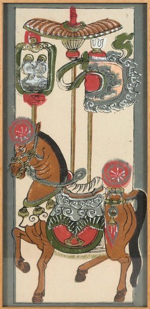 VIETNAM Estampe votive polychrome représentant un cheval harnaché portant dais et...
