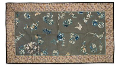 CHINE A set of two silk panels, one with a cream background, embroidered with peony...