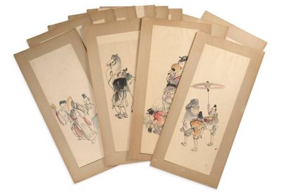 JAPON Set of twelve ink and light colour paintings on paper, representing scenes...