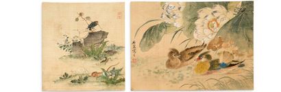 JAPON Three small paintings on silk mounted on cardboard, representing swallow and...