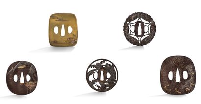JAPON Set of five tsuba, including two iron maru-gata, one with butterflies and the...