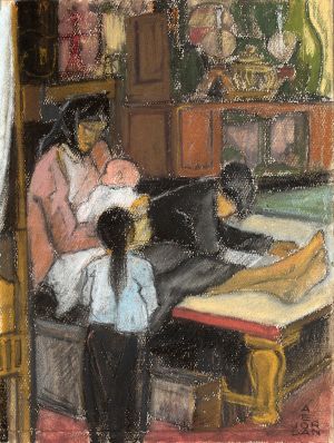 null Ecole vietnamienne du XXème siècle
Scène familiale
Pastel sur papier, signé...