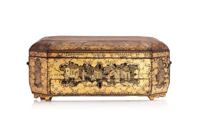 null China, late 19th century 

An octagonal, elongated work box in gold lacquered...