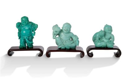 CHINE Set of five small turquoise subjects, including two representing Liu Hai and...