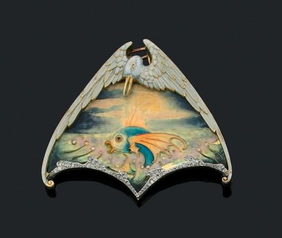 null PENDENT BROCHURE "ART NOUVEAU"
Enamel and diamonds, 18K (750) gold and silver...