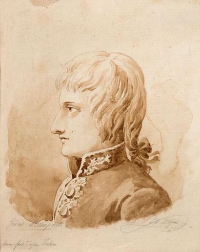 Ecole FRANCAISE vers 1800 
Portrait of General Bonaparte
Brown ink and wash
Signed...