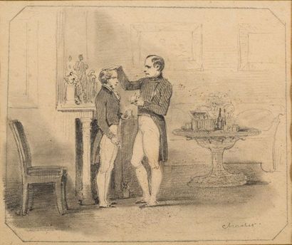 CHARLET NICOLAS TOUSSAINT 1792-1845 
Napoléon mesurant monsieur de Las Cases
Crayon...