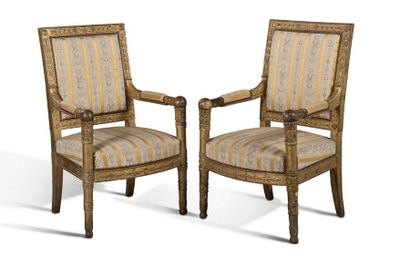 PIERRE-BENOÎT MARCION (1769-1840) 
Paire de fauteuils en bois naturel mouluré
finement...