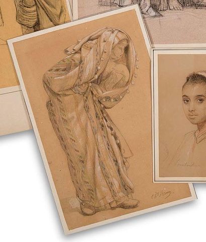 Charles Guillaume BRUN (1825-1908) 
Femme au châle
Crayons de couleurs sur papier...