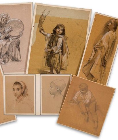 Charles Guillaume BRUN (1825-1908) 
Ensemble de quatre dessins :
Le rêveur. Enfant...
